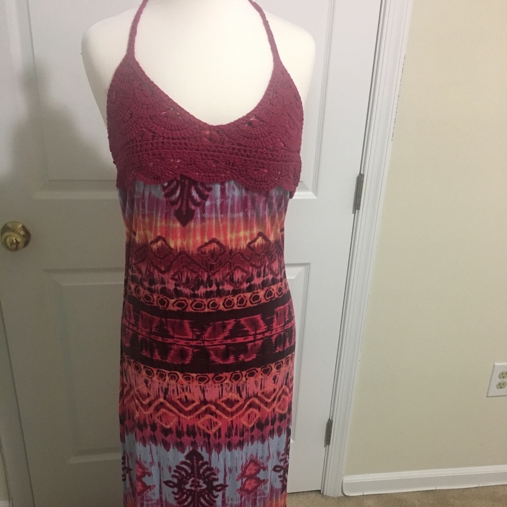 Crochet mix print halter dress.